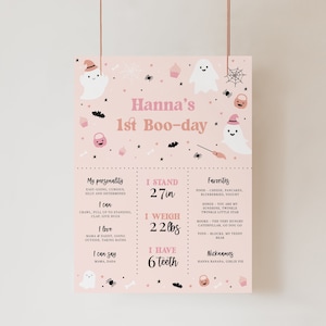 Cartel editable del hito del primer cumpleaños de Halloween, lindo signo de estadísticas de cumpleaños del fantasma rosa, chica espeluznante 1er día de abucheo, descarga instantánea - Lolli