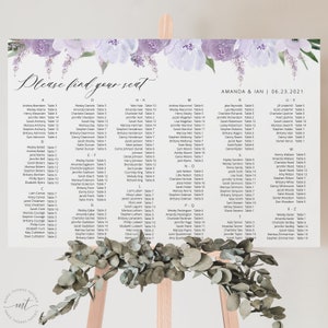 Alfabetische lavendel bloemen zitplaatsen grafiek sjabloon, horizontale elegante zitplaatsen grafiek poster, afdrukbare sjabloon Instant Download - Lillian