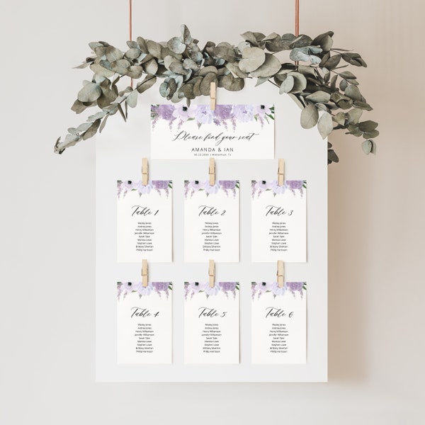 Lavender Floral Seating Chart Cards Template, Elegant Purple Seating Plan, Table Numbers, Printable Template Instant Download - Lillian