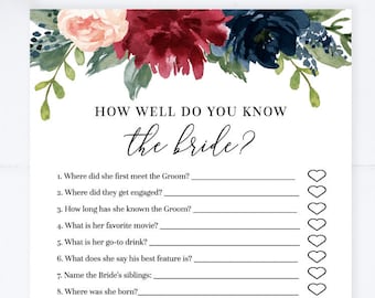 Mara - How Well Do You Know the Bride, Bridal Shower Games Printable + Virtual, Who Knows the Bride Best, Marsala Burgundy Editable