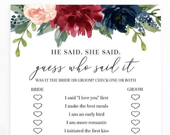 Mara - He Said She Said, Guess Who Said It, Bridal Shower Games Printable + Virtual, Burgundy Floral, Editable Template Instant Download