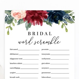 Mara - Bridal Word Scramble, Bridal Shower Games Printable, Burgundy Floral, Editable Template Instant Download