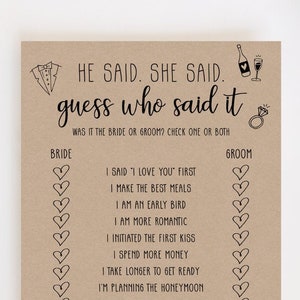 Savanah - He Said She Said, Guess Who Said It, Bridal Shower Games Printable, Rustic Kraft Paper, Editable Template Instant Download