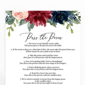 Mara - Pass the Poem, Bridal Shower Games Printable, Burgundy Floral, Editable Instant Download, Bridal Poem Game