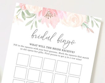 May include: A printable bridal shower game card with a floral design and the text "bridal bingo". The game instructions are "Fill in the squares with your best guesses. Mark the squares that match as she opens her gifts. First person to get 5 in a row wins!" and "WHAT WILL THE BRIDE RECEIVE?"
