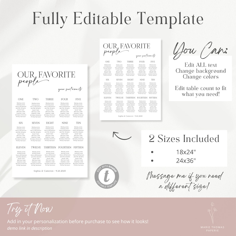 EDITABLE Wedding Seating Chart Template, Modern Minimalist, Our Favorite People, Wedding Table Plan, Editable Instant Download Rylie image 3