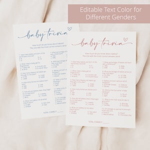Puede incluir: Dos tarjetas de juego de trivia para beb&eacute;s de color rosa y azul con preguntas sobre beb&eacute;s. Las tarjetas tienen el texto "baby trivia" en una fuente cursiva con un s&iacute;mbolo de coraz&oacute;n. Las preguntas incluyen: &iquest;Cu&aacute;ntos beb&eacute;s nacen en el mundo cada segundo? &iquest;Cu&aacute;ndo un beb&eacute; obtiene sus huellas dactilares? &iquest;Cu&aacute;ntos pa&ntilde;ales usan los beb&eacute;s en un a&ntilde;o? &iquest;Con cu&aacute;ntos huesos nacen los beb&eacute;s? &iquest;Qu&eacute; edad tienen los beb&eacute;s cuando comienzan a llorar l&aacute;grimas reales? &iquest;Qu&eacute; no pueden hacer los beb&eacute;s cuando nacen? &iquest;Qu&eacute; porcentaje de beb&eacute;s nacen con una marca de nacimiento? &iquest;Qu&eacute; porcentaje de beb&eacute;s llegan a su fecha de parto? Los beb&eacute;s nacen sin qu&eacute; parte del cuerpo? &iquest;Cu&aacute;l es el primer sentido que desarrolla un beb&eacute;? &iquest;Cu&aacute;l es el d&iacute;a m&aacute;s popular para dar a luz? En promedio, el est&oacute;mago de un reci&eacute;n nacido tiene el tama&ntilde;o de un...