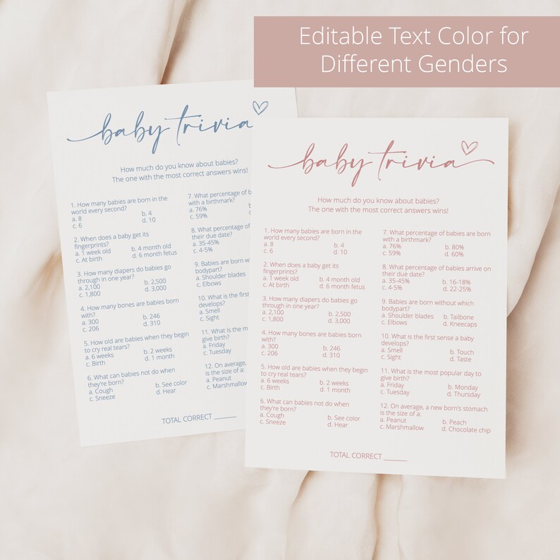 Puede incluir: Dos tarjetas de juego de trivia para beb&eacute;s de color rosa y azul con preguntas sobre beb&eacute;s. Las tarjetas tienen el texto "baby trivia" en una fuente cursiva con un s&iacute;mbolo de coraz&oacute;n. Las preguntas incluyen: &iquest;Cu&aacute;ntos beb&eacute;s nacen en el mundo cada segundo? &iquest;Cu&aacute;ndo un beb&eacute; obtiene sus huellas dactilares? &iquest;Cu&aacute;ntos pa&ntilde;ales usan los beb&eacute;s en un a&ntilde;o? &iquest;Con cu&aacute;ntos huesos nacen los beb&eacute;s? &iquest;Qu&eacute; edad tienen los beb&eacute;s cuando comienzan a llorar l&aacute;grimas reales? &iquest;Qu&eacute; no pueden hacer los beb&eacute;s cuando nacen? &iquest;Qu&eacute; porcentaje de beb&eacute;s nacen con una marca de nacimiento? &iquest;Qu&eacute; porcentaje de beb&eacute;s llegan a su fecha de parto? Los beb&eacute;s nacen sin qu&eacute; parte del cuerpo? &iquest;Cu&aacute;l es el primer sentido que desarrolla un beb&eacute;? &iquest;Cu&aacute;l es el d&iacute;a m&aacute;s popular para dar a luz? En promedio, el est&oacute;mago de un reci&eacute;n nacido tiene el tama&ntilde;o de un...