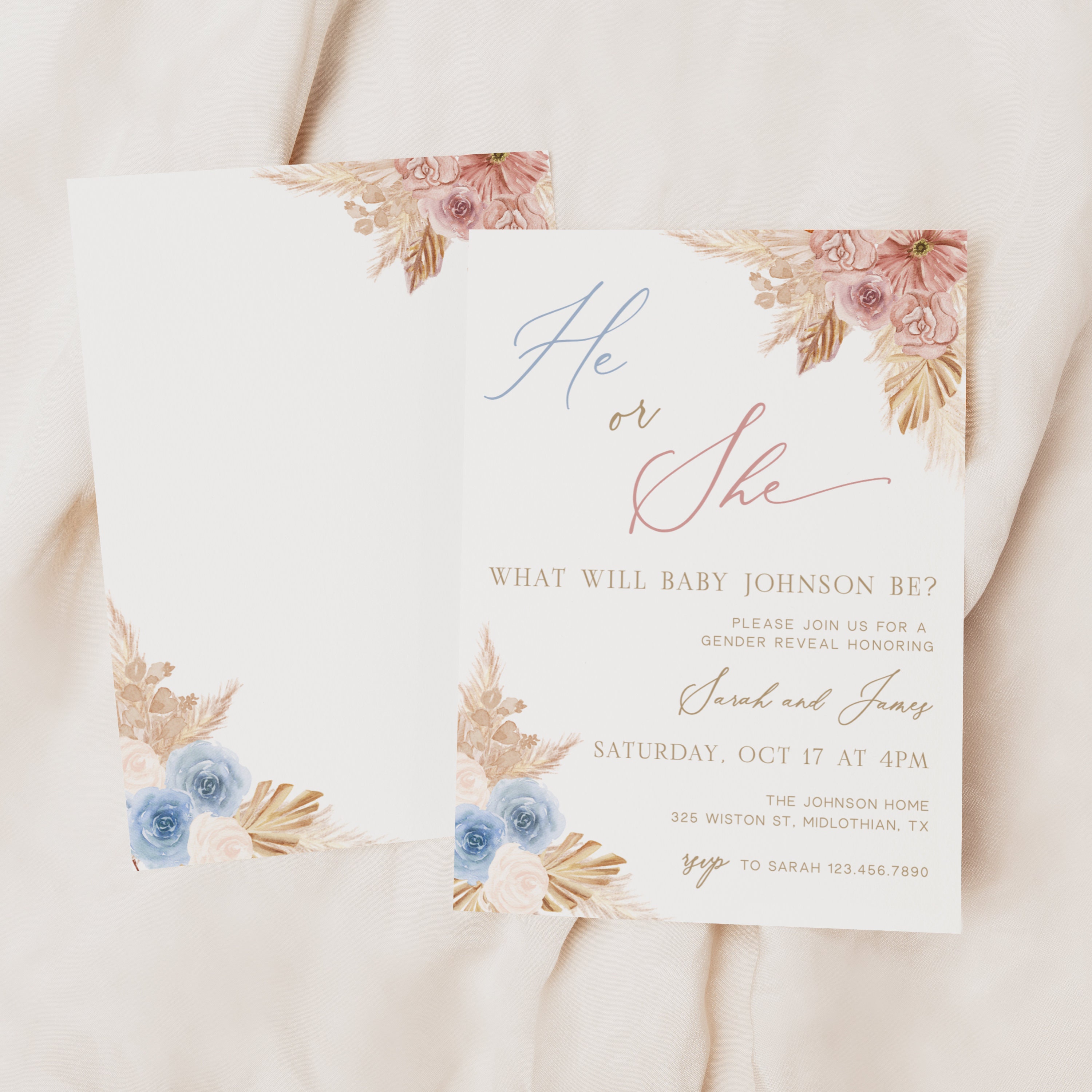 Boho Gender Reveal Invitation Template, He or She Gender Reveal Invite ...
