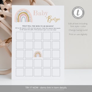 Raylee Baby Bingo Shower Game, Rainbow Baby Shower Games Printable, Boho Baby Games, Editable Template, Instant Download image 2