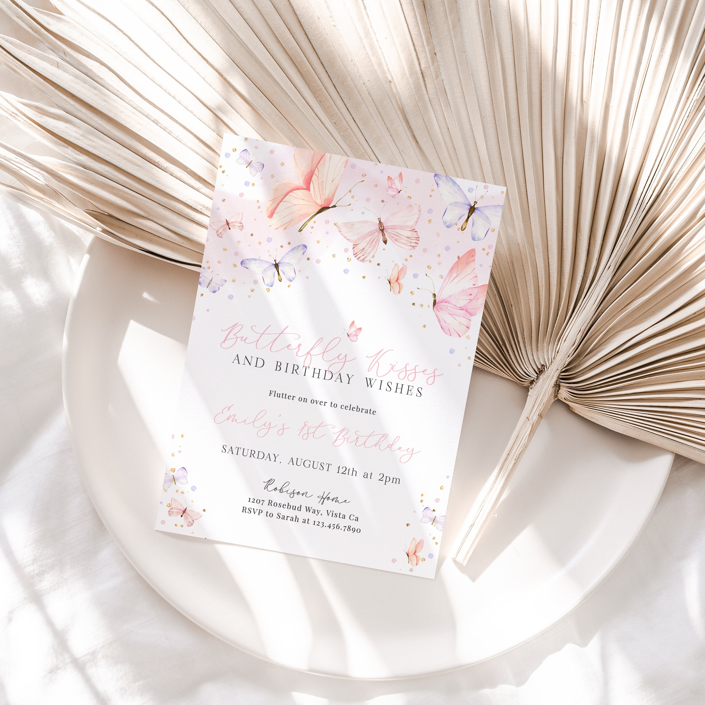 EDITABLE Butterfly Birthday Invitation Template, Pink Butterfly Kisses Invite, Girl First Birthday, Butterfly Party Download - Bella