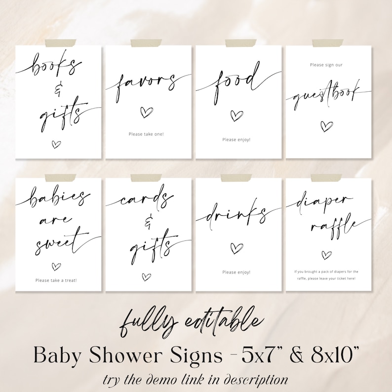 Peut inclure: Huit pancartes imprimables pour une f&ecirc;te pr&eacute;natale avec du texte en calligraphie noire sur fond blanc. Les pancartes comprennent "livres et cadeaux", "cadeaux", "nourriture", "livre d'or", "les b&eacute;b&eacute;s sont doux", "cartes et cadeaux", "boissons" et "tombola de couches".