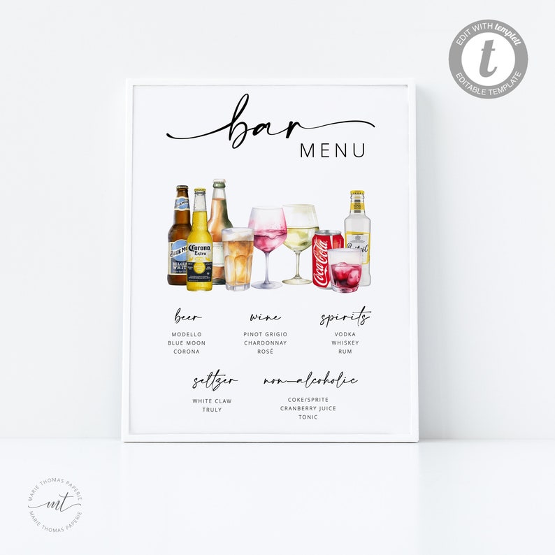 Op de afbeelding: Een printbaar barmenu-bord met een aquarel-illustratie van verschillende alcoholische en niet-alcoholische dranken. Het menu bevat bier, wijn, sterke drank, sprankelend water en niet-alcoholische opties.