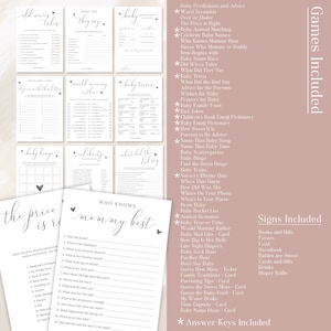 May include: A set of printable baby shower games with a pink background. The games include "Old Wives Tales", "What Did They Say", "Baby Predictions and Advice", "Baby Bingo", "Celebrity Baby Names", "What Did the Dad Say", "Who Knows Mommy Best", "The Price is Right", "Baby Trivia", and "World Naming Another".
