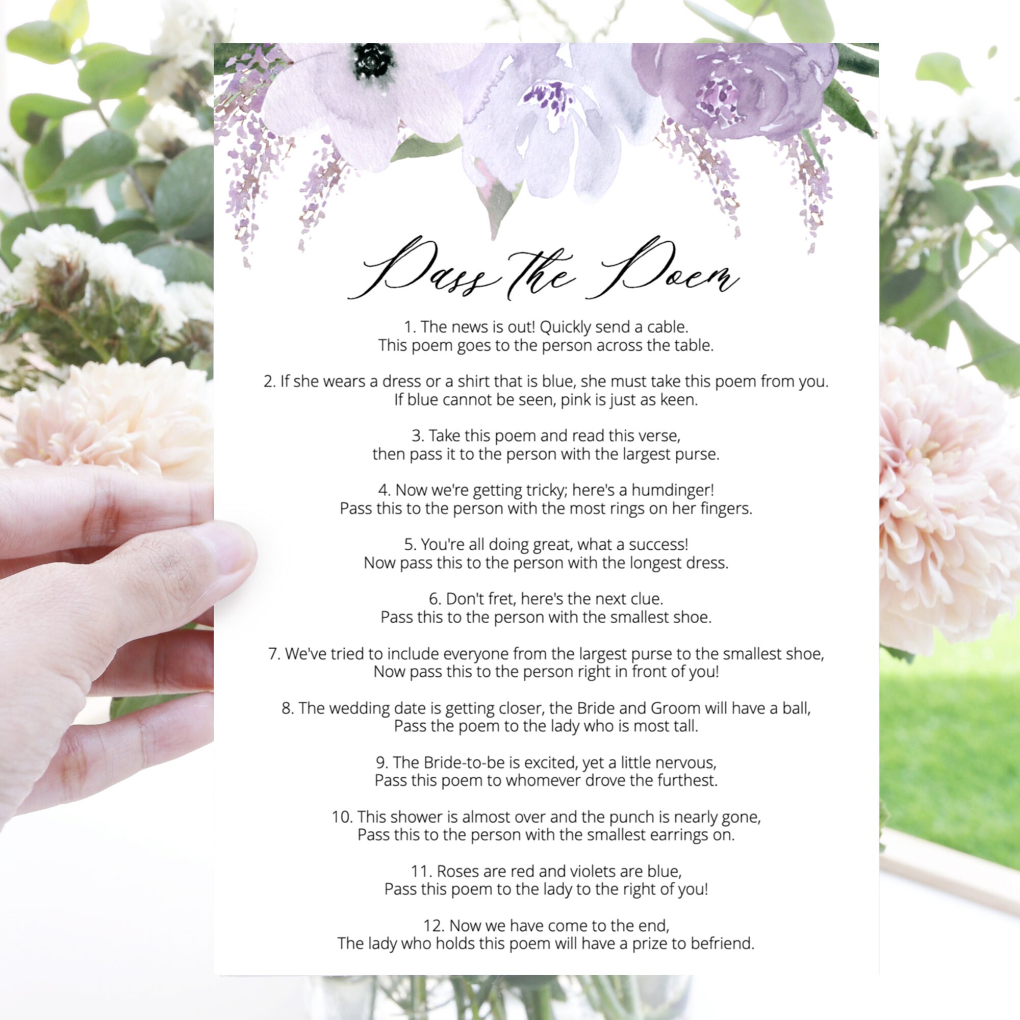 Lillian Pass the Poem Bridal Shower Games Printable Purple - Etsy