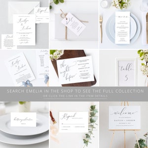 May include: A set of wedding stationery with a modern calligraphy font. The set includes a white invitation with the text "Kaitlyn & Andrew", a white RSVP card, a white thank you tag, a white menu card, a white table number card, and a white welcome sign. The stationery is decorated with greenery and flowers.
