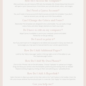 May include: A pink and white graphic with the text "FAQ's" in a large, bold font. The graphic provides answers to frequently asked questions about accessing, editing, and customizing a template in Canva.