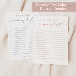 Peut inclure: Deux cartes de jeu imprimables avec le texte "Qui conna&icirc;t Maman le mieux ?" en &eacute;criture cursive rose et bleue. Les cartes pr&eacute;sentent une liste de 15 questions sur la vie d'une personne, avec des lignes vierges pour les r&eacute;ponses. Les cartes sont con&ccedil;ues pour une f&ecirc;te pr&eacute;natale ou une autre c&eacute;l&eacute;bration.