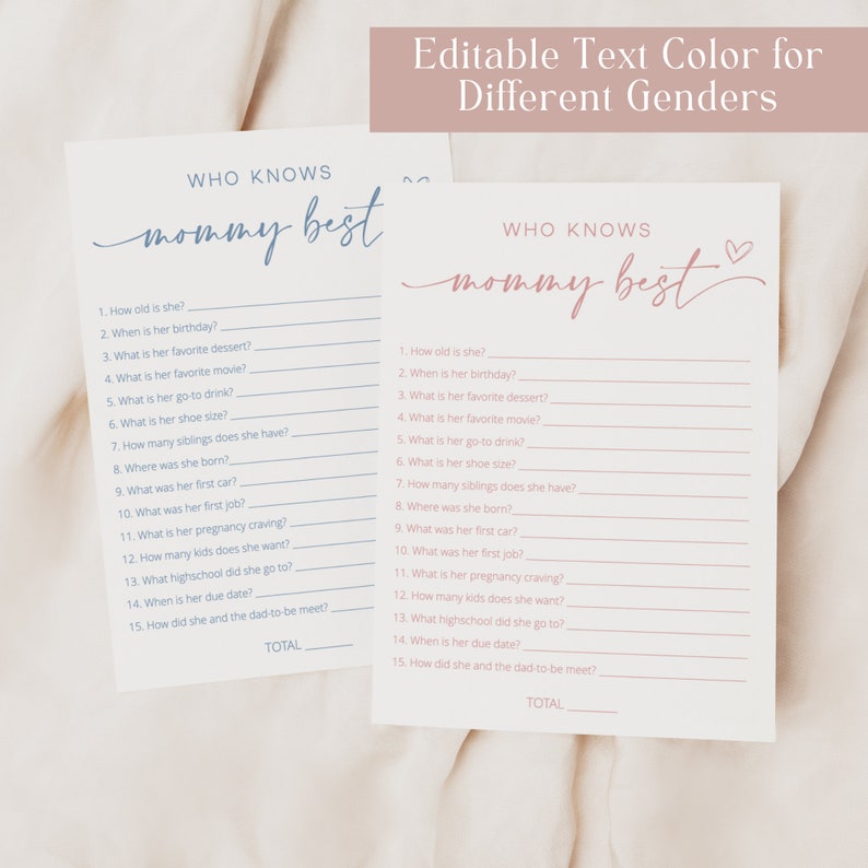 Peut inclure: Deux cartes de jeu imprimables avec le texte "Qui conna&icirc;t Maman le mieux ?" en &eacute;criture cursive rose et bleue. Les cartes pr&eacute;sentent une liste de 15 questions sur la vie d'une personne, avec des lignes vierges pour les r&eacute;ponses. Les cartes sont con&ccedil;ues pour une f&ecirc;te pr&eacute;natale ou une autre c&eacute;l&eacute;bration.