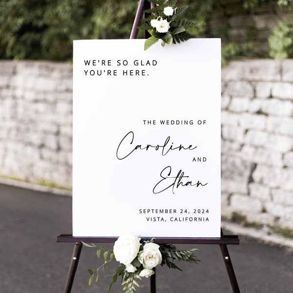 Modern Wedding Welcome Sign, Minimalist Wedding Welcome Sign, We're So Glad You're Here Welcome Poster, Editable Template - Myla