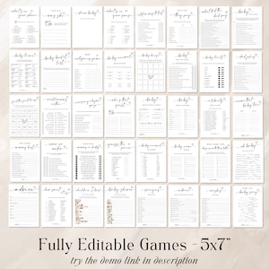 Peut inclure: Un ensemble de 25 jeux de baby shower imprimables en noir et blanc avec un design minimaliste. Les jeux mesurent 5x7 pouces et sont enti&egrave;rement modifiables. Le texte sur l'image indique "Jeux enti&egrave;rement modifiables - 5x7" et "essayer le lien de d&eacute;monstration dans la description".