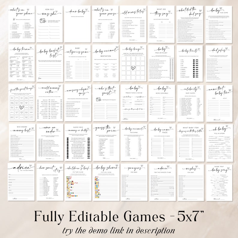 Peut inclure: Un ensemble de 25 jeux de baby shower imprimables en noir et blanc avec un design minimaliste. Les jeux mesurent 5x7 pouces et sont enti&egrave;rement modifiables. Le texte sur l'image indique "Jeux enti&egrave;rement modifiables - 5x7" et "essayer le lien de d&eacute;monstration dans la description".