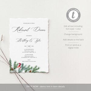 Noella Rehearsal Dinner Invitation Template, Winter Pine and Holly Berries, Elegant December Wedding, Editable Invitation Instant Download image 2