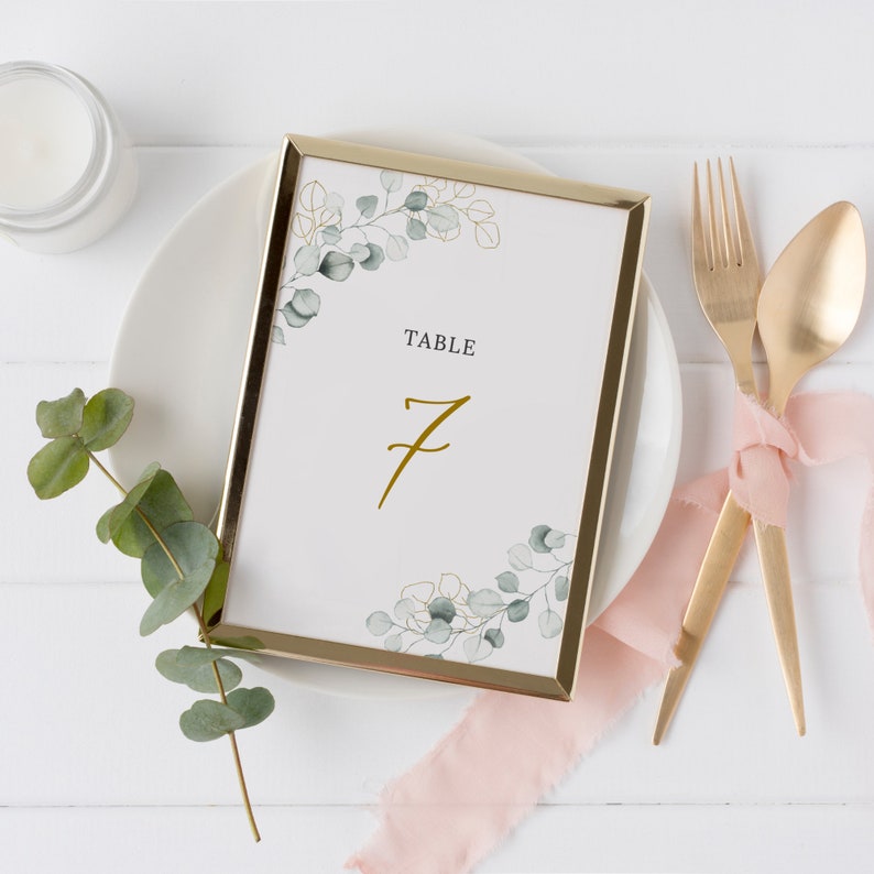 Greenery and Gold Wedding Table Number Template Editable Template 5x7 and 4x6 Instant Download Eucalyptus Table Number Card Lola