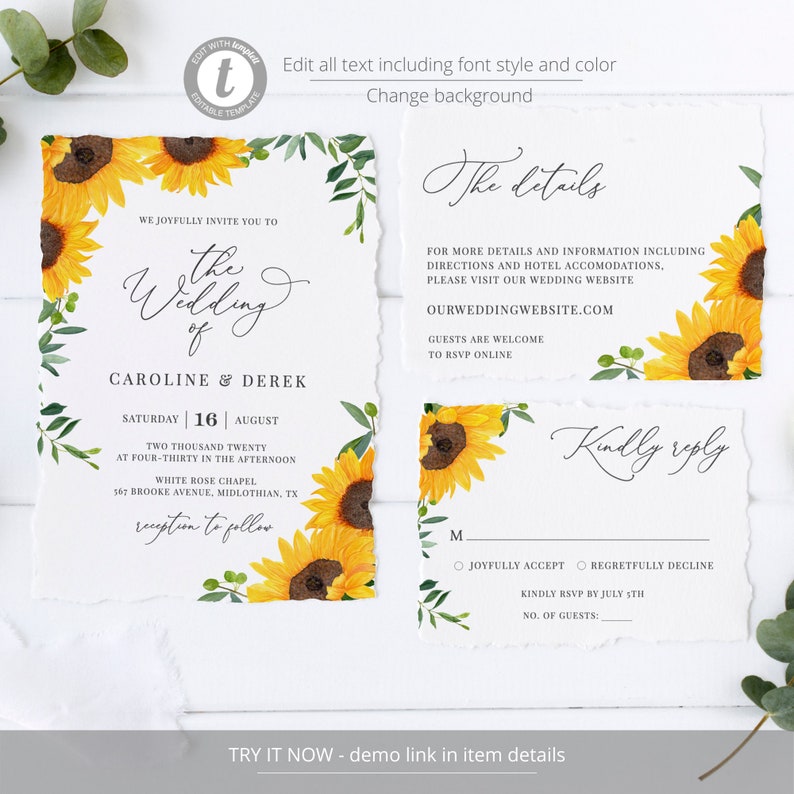 Maybelle Sunflower Wedding Invitation Template Download, Rustic Wedding Invitation Set, Wedding Suite, 100% Editable, Instant Download image 3