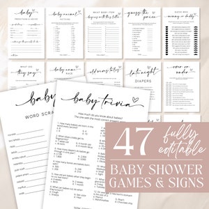Paquete de juegos para baby shower, juegos minimalistas para baby shower, paquete de juegos modernos para baby shower, trivia para baby shower, descarga totalmente editable - Myla