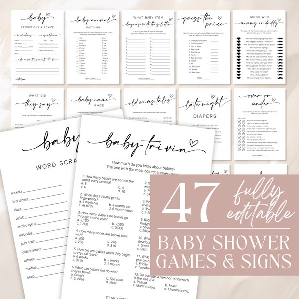 Baby Shower Game Bundle, Minimalist Baby Shower Games, Modern Baby Shower Games Pack, Baby Shower Trivia, Fully Editable Download - Myla