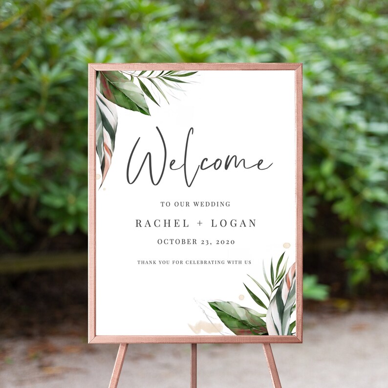 Malie Elegant Tropical Wedding Welcome Sign, Welcome to our Wedding Sign, Beach Palm Leaves, Printable Instant Download image 1