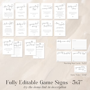 Peut inclure: Affiches de jeux de baby shower imprimables avec du texte noir sur fond blanc. Les affiches comprennent des jeux comme "Devinez la nourriture pour b&eacute;b&eacute;", "Devinez le d&eacute;sordre sucr&eacute;", "Quelle est la taille du ventre de maman", "Couches de nuit" et "Chasse aux chaussettes de b&eacute;b&eacute;".
