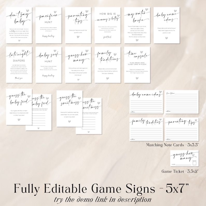 Peut inclure: Affiches de jeux de baby shower imprimables avec du texte noir sur fond blanc. Les affiches comprennent des jeux comme "Devinez la nourriture pour b&eacute;b&eacute;", "Devinez le d&eacute;sordre sucr&eacute;", "Quelle est la taille du ventre de maman", "Couches de nuit" et "Chasse aux chaussettes de b&eacute;b&eacute;".