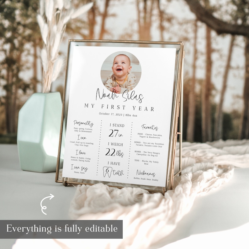 May include: A white printable sign with a photo of a baby boy, titled "Noah Silas My First Year". The sign lists the baby's age, height, weight, and other milestones, including favorite foods, songs, and books. The sign is framed in a gold frame.