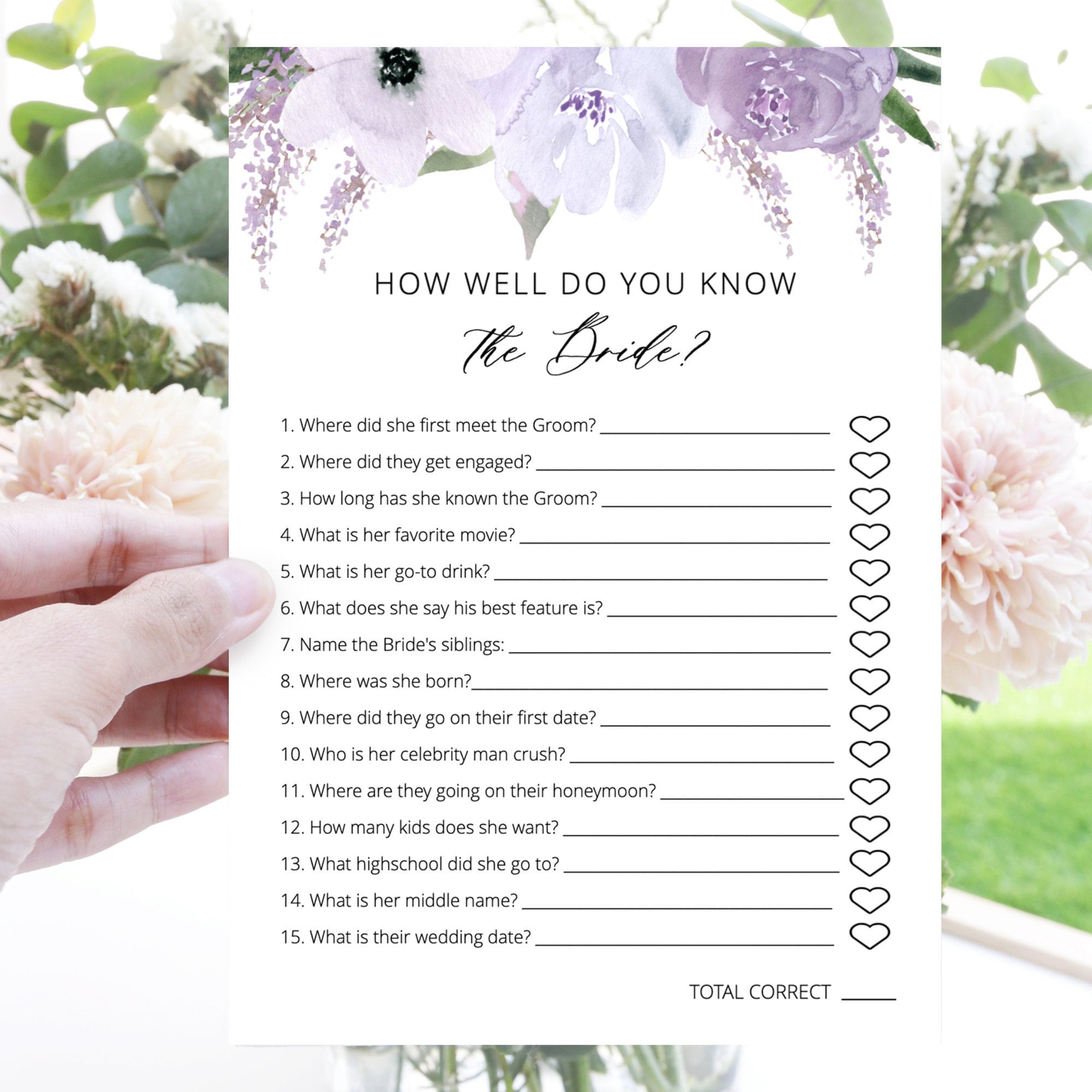 How Well Do You Know the Bride, Bridal Shower Games Printable Virtual, Lavender Purple Floral, Editable Template Instant Download - Lillian