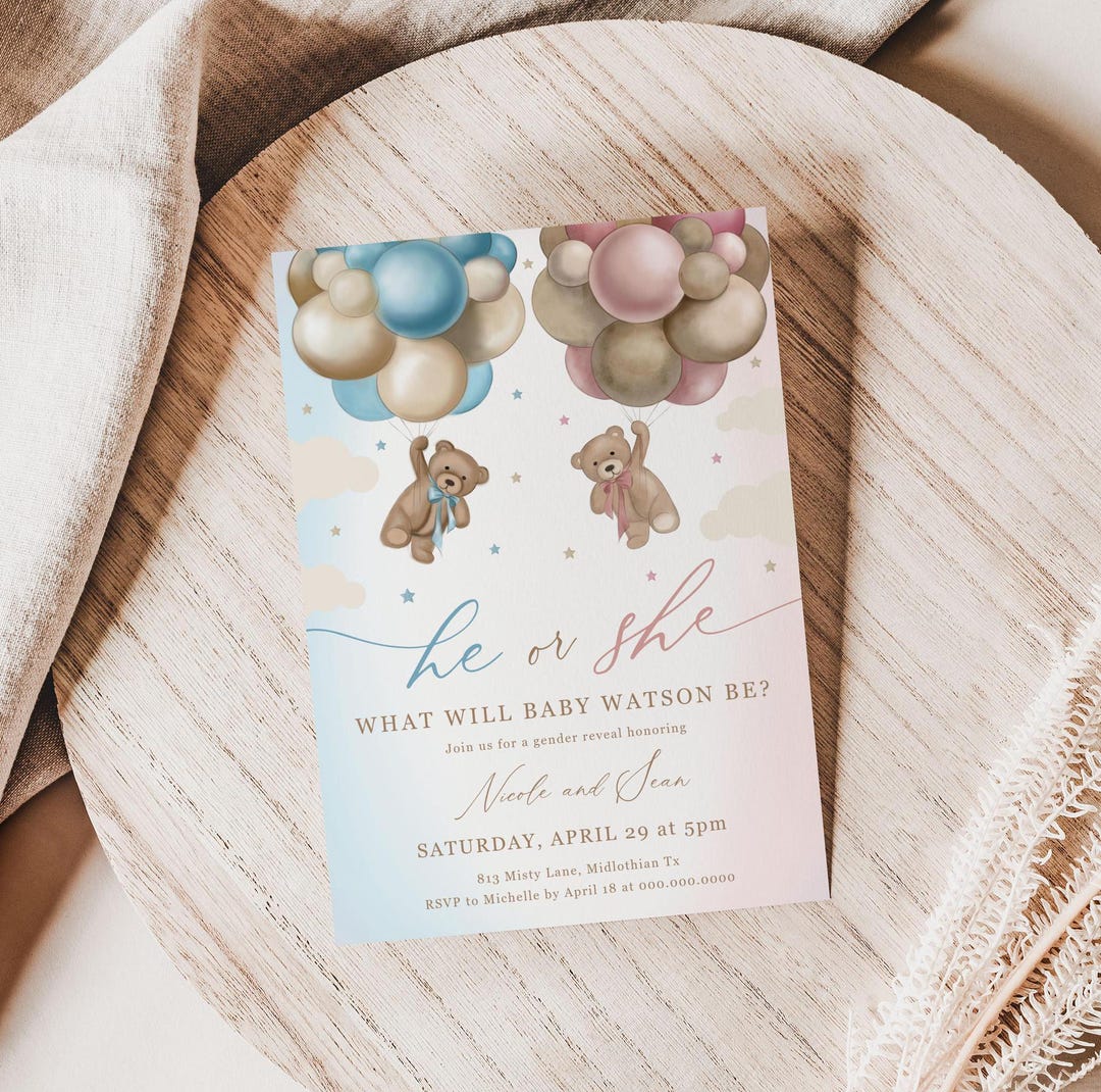 Bear Gender Reveal Invitation Template, He or She Gender Reveal Invite ...