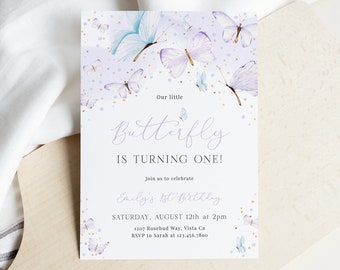 EDITABLE Butterfly Birthday Invitation Template, Purple Butterfly Birthday Invite, Girl First Birthday, Butterfly Party Download - Marli