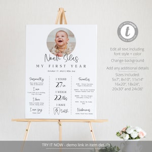 May include: A white printable poster with a photo of a baby boy. The poster is titled "Noah Silas My First Year" and includes details about the baby's personality, milestones, and favorite things. The poster is available in multiple sizes, including 5x7, 8x10, 11x14, 16x20, 18x24, 20x30, and 24x36 inches.