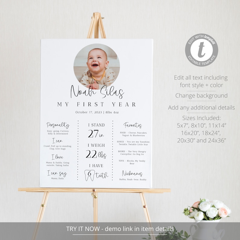 May include: A white printable poster with a photo of a baby boy. The poster is titled "Noah Silas My First Year" and includes details about the baby's personality, milestones, and favorite things. The poster is available in multiple sizes, including 5x7, 8x10, 11x14, 16x20, 18x24, 20x30, and 24x36 inches.