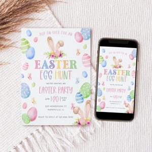 May include: An Easter Egg Hunt invitation with colorful pastel eggs and bunny ears. The invitation includes the text "Easter Egg Hunt" and event details. A smartphone displays the same invitation.