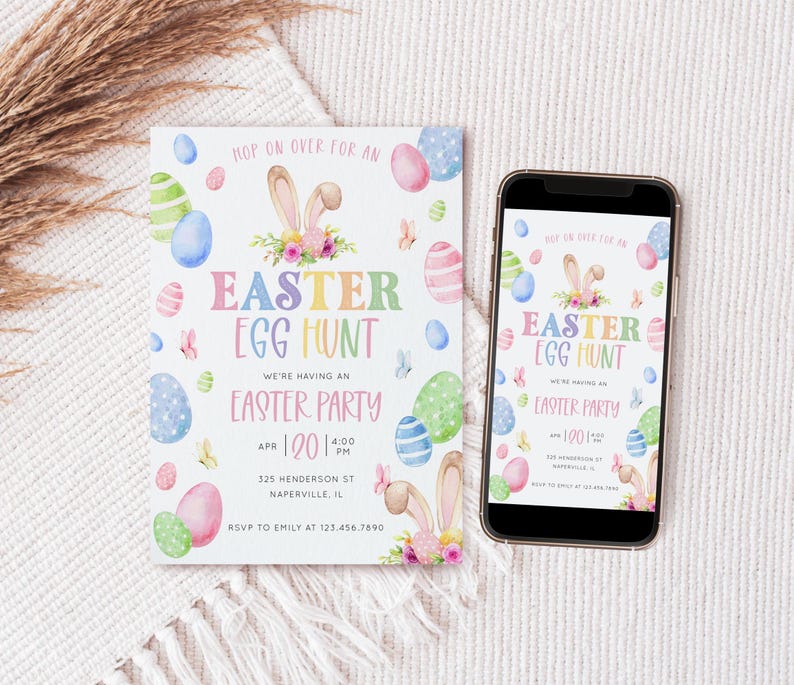 May include: An Easter Egg Hunt invitation with colorful pastel eggs and bunny ears. The invitation includes the text "Easter Egg Hunt" and event details. A smartphone displays the same invitation.