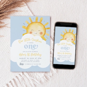May include: A light blue birthday invitation featuring a smiling sun illustration and the text "Our Little Sunshine is turning one." The invitation is shown beside a smartphone displaying the same design.