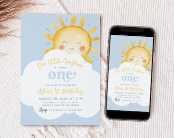 Editable Sunshine Birthday Invitation, Our Little Sunshine Party Invitation, Boy First Birthday Invite Template, Instant Download - Sunny