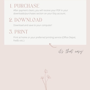 May include: A light pink graphic with the text "How it Works" at the top. The steps are: Purchase, Download, and Print. The text "it's that easy!" is written in cursive. The bottom of the graphic has the text "MARIE THOMAS PAPERIE".