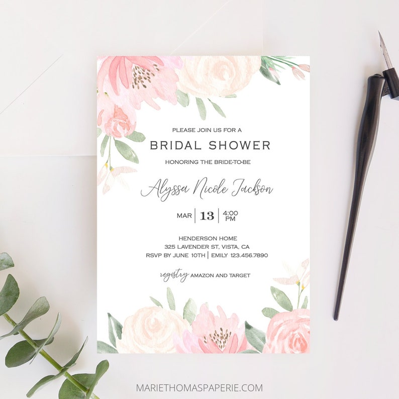 Alena Bridal Shower Invitation Boho Blush Pink Floral Etsy