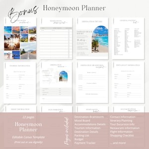 May include: A printable honeymoon planner with a tropical beach theme. The planner includes sections for destination details, packing lists, budget, and more. The cover features a collage of photos of couples on their honeymoon.
