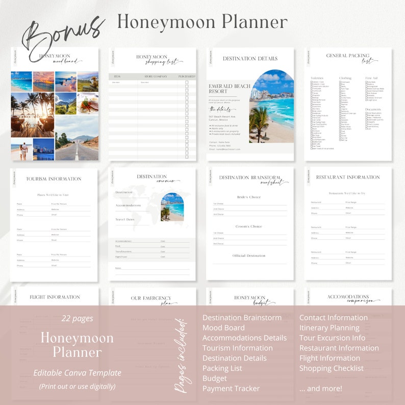 May include: A printable honeymoon planner with a tropical beach theme. The planner includes sections for destination details, packing lists, budget, and more. The cover features a collage of photos of couples on their honeymoon.