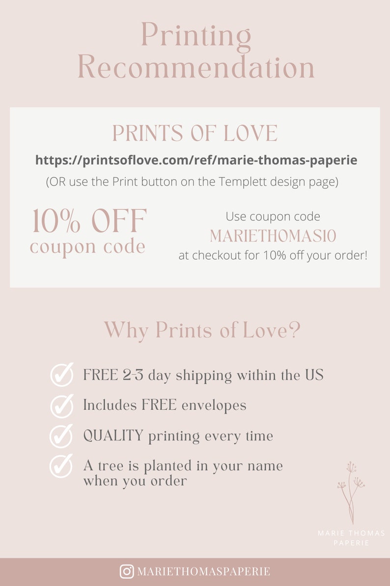Może przedstawiać: Grafika w kolorze r&oacute;żowym i białym z tekstem "Zalecenia dotyczące drukowania" i "Prints of Love" wraz z adresem strony internetowej i kodem rabatowym 10%. Grafika zawiera r&oacute;wnież listę powod&oacute;w, dla kt&oacute;rych warto korzystać z Prints of Love, w tym bezpłatną wysyłkę, bezpłatne koperty, druk wysokiej jakości i zasadzenie drzewa za każde zam&oacute;wienie.