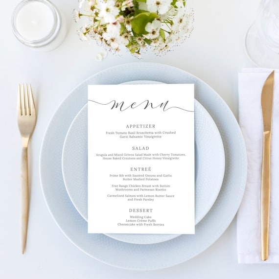 Wedding Menu Template, Elegant Script Wedding Menu Card, Simple Wedding Menu Printable, 5x7 and 4x9, Editable Instant Download - Emelia